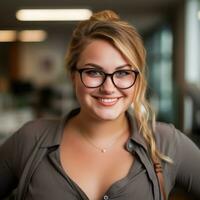 une femme portant des lunettes et une chemise posant pour le caméra génératif ai photo