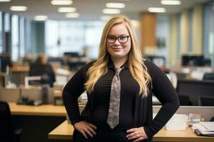 une femme portant des lunettes et une attacher permanent dans un Bureau génératif ai photo