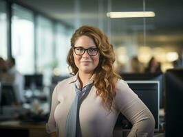 une femme portant des lunettes et une attacher permanent dans de face de une ordinateur génératif ai photo