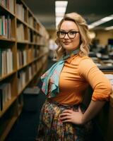 une femme portant des lunettes et un Orange chemise posant dans une bibliothèque génératif ai photo