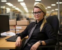 une femme portant des lunettes séance à une bureau dans de face de une ordinateur génératif ai photo