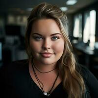 une femme avec bleu yeux dans un Bureau génératif ai photo