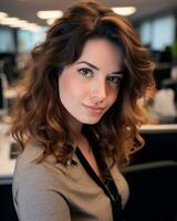 une femme avec frisé cheveux dans un Bureau génératif ai photo