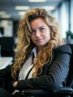 une femme avec frisé cheveux séance dans un Bureau chaise génératif ai photo