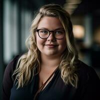 une femme avec des lunettes et une noir chemise posant pour une photo génératif ai