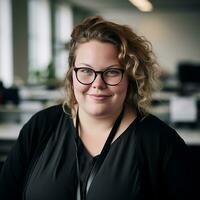 une femme avec des lunettes et une noir Haut permanent dans un Bureau génératif ai photo