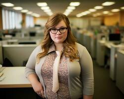 une femme avec des lunettes permanent dans un Bureau génératif ai photo