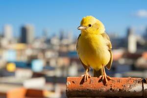 une Jaune oiseau séance sur une rebord avec une ville dans le Contexte génératif ai photo