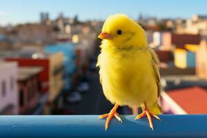 une Jaune oiseau permanent sur une balustrade génératif ai photo