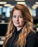 une Jeune femme avec longue cheveux dans un Bureau génératif ai photo