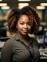 un africain américain femme avec frisé cheveux permanent dans de face de une ordinateur génératif ai photo