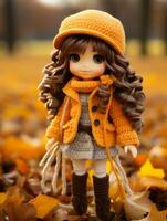 un image de une poupée portant un Orange manteau et chapeau génératif ai photo