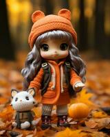 un image de une poupée portant un Orange chandail et en portant une chat génératif ai photo
