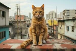 un Orange chat séance sur Haut de une bâtiment génératif ai photo