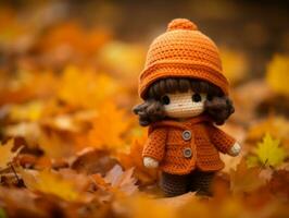 un Orange crocheté poupée permanent dans le feuilles génératif ai photo