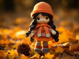 un Orange crocheté poupée des stands dans une pile de déchue feuilles génératif ai photo