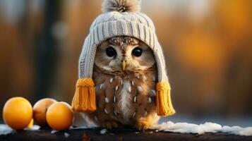 un hibou est portant une chapeau et séance sur le sol génératif ai photo