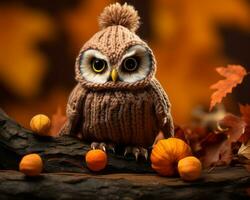 un hibou portant une tricoté chapeau est assis sur une branche entouré par l'automne feuilles génératif ai photo