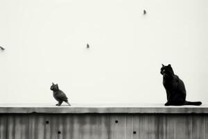 noir et blanc photo de une chat et une oiseau génératif ai