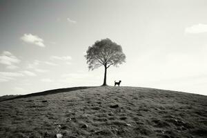 noir et blanc photo de une seul arbre sur Haut de une colline génératif ai