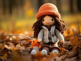 crochet poupée avec Orange chapeau séance dans feuilles génératif ai photo