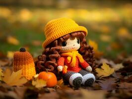 crochet poupée séance sur le sol avec une citrouille et feuilles génératif ai photo