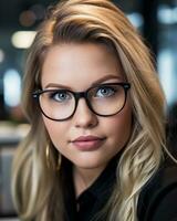 portrait de une magnifique Jeune femme portant lunettes dans un Bureau Stock photo génératif ai