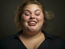 portrait de une femme avec une gros sourire sur sa visage génératif ai photo