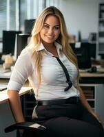 portrait de souriant affaires femme séance à bureau dans Bureau génératif ai photo