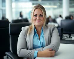 portrait de souriant femme d'affaires séance à bureau dans Bureau génératif ai photo