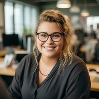 portrait de souriant femme d'affaires dans Bureau génératif ai photo