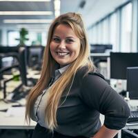 portrait de souriant femme d'affaires dans un Bureau génératif ai photo