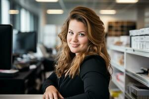 portrait de Jeune femme d'affaires séance à bureau dans Bureau génératif ai photo