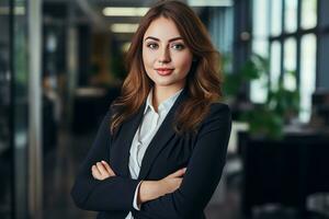 portrait de Jeune femme d'affaires permanent dans un Bureau avec sa bras franchi génératif ai photo