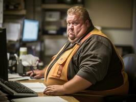 le homme est séance à une bureau génératif ai photo