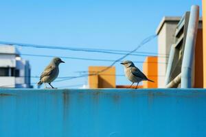 deux des oiseaux permanent sur Haut de une bleu mur génératif ai photo