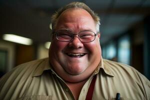 une proche en haut de une homme avec des lunettes et une gros sourire génératif ai photo