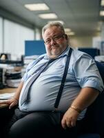 une graisse homme séance à une bureau dans un Bureau génératif ai photo