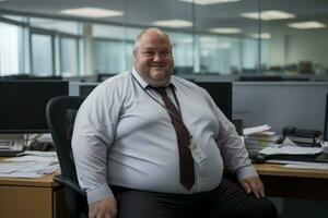 une graisse homme séance à une bureau dans un Bureau génératif ai photo