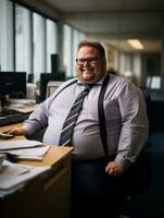 une graisse homme séance à une bureau dans un Bureau génératif ai photo