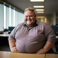 une graisse homme séance à une bureau dans un Bureau génératif ai photo