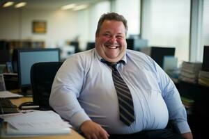 une graisse homme séance à une bureau dans un Bureau génératif ai photo