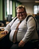 une graisse homme séance à une bureau dans un Bureau génératif ai photo