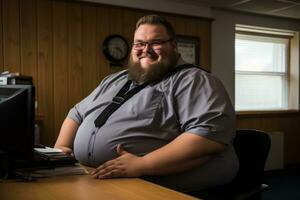 une graisse homme séance à une bureau dans de face de une ordinateur génératif ai photo