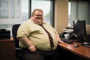 une graisse homme séance à une bureau génératif ai photo