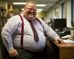 une graisse homme séance à une bureau génératif ai photo