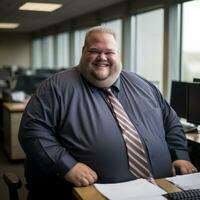 une graisse homme séance à une bureau génératif ai photo