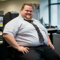 une graisse homme séance dans un Bureau chaise génératif ai photo