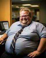 une graisse homme séance dans un Bureau génératif ai photo