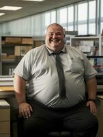 une graisse homme séance dans un Bureau génératif ai photo